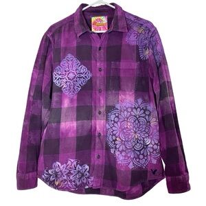 Upcycled Floral Flannel Shirt Mens Size Large Unisex Purple Plaid Button Down